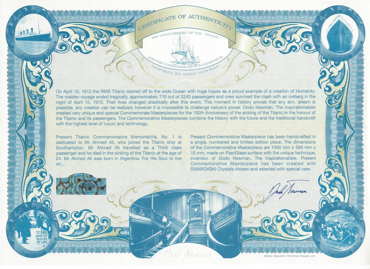 Certificate of Titanic artwork 0001 dedicated to Ahmed Ali