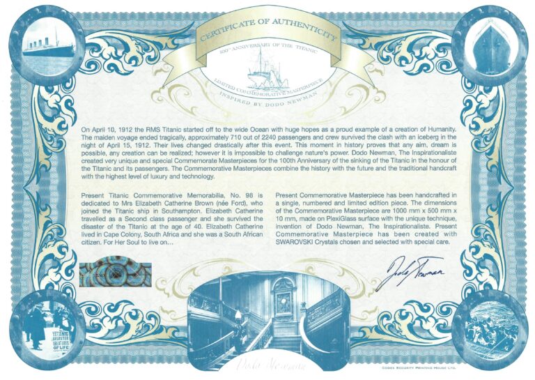 Certificate of Titanic artwork 0098 dedicated to Elizabeth Catherine Brown