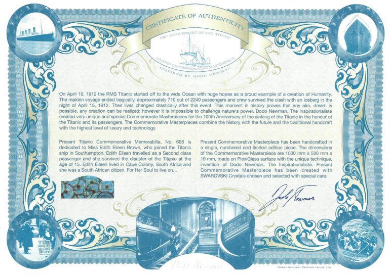 Certificate of Titanic artwork 0606 dedicated to Edith Eileen Brown