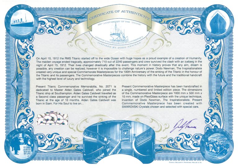 Certificate of Titanic artwork 2071 dedicated to Alden Gates Caldwell