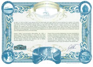 Certificate of Titanic artwork 2092 dedicated to Thomas Andrews