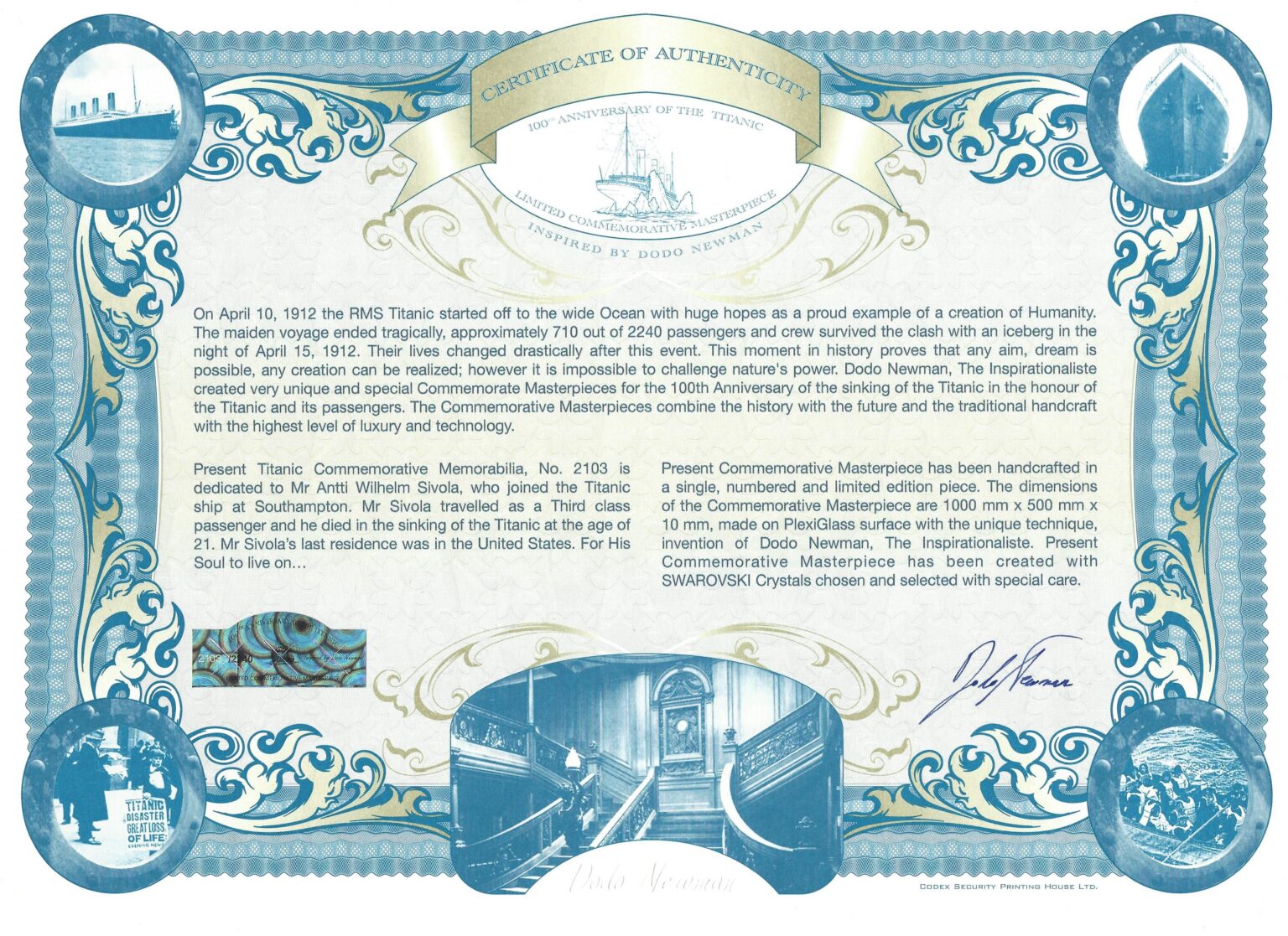 Certificate of Titanic artwork 2103 dedicated to Antti Wilhelm Sivola