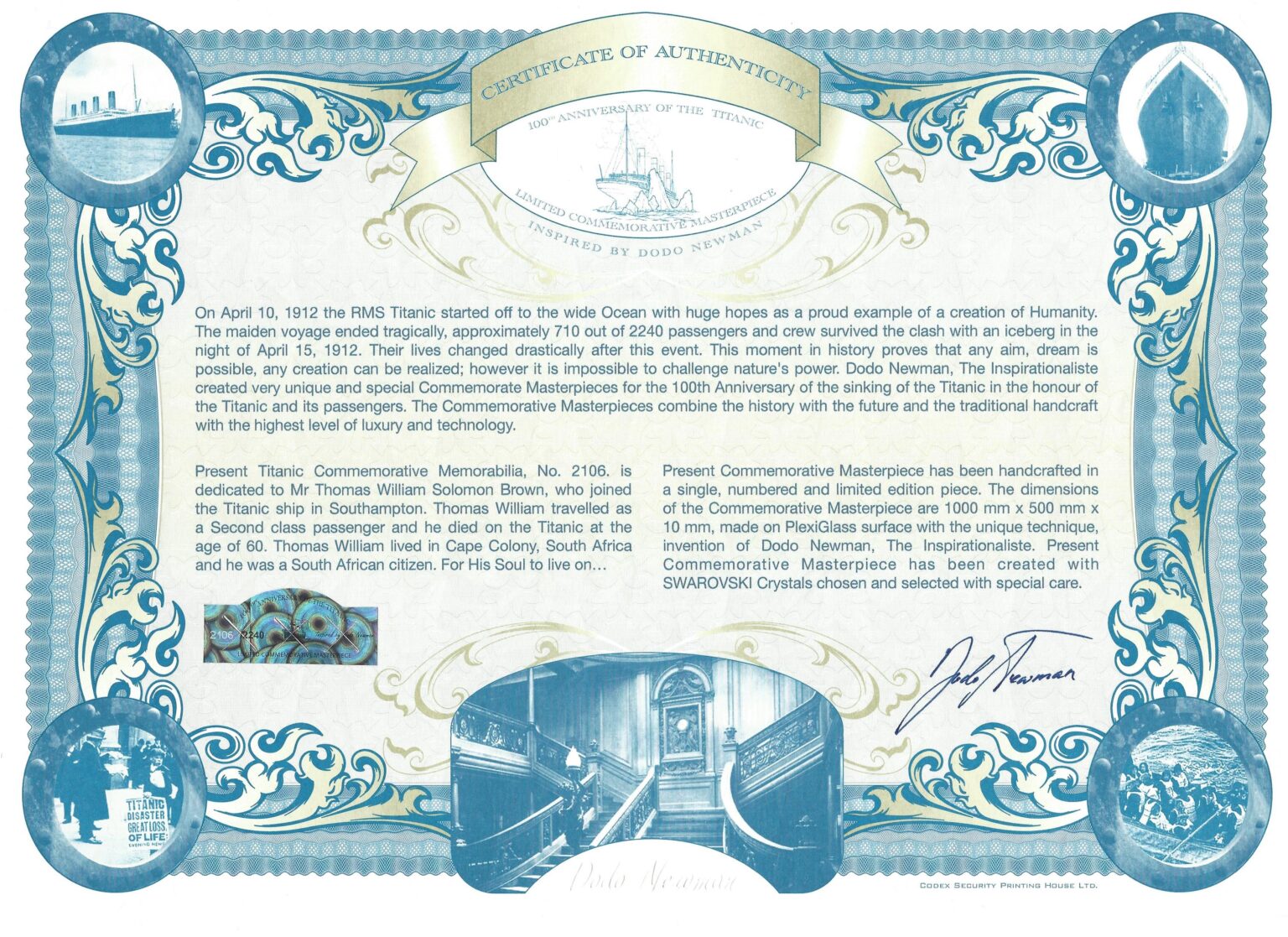 Certificate of Titanic artwork 2106 dedicated to Thomas William Solomon Brown