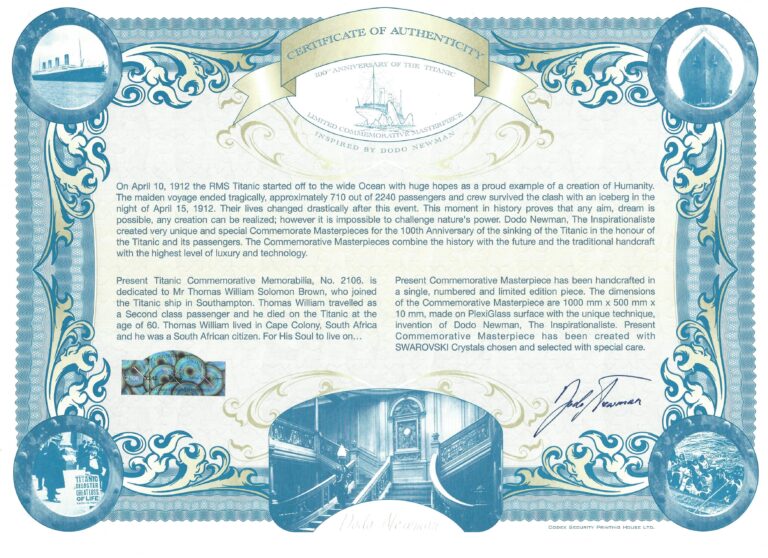 Certificate of Titanic artwork 2106 dedicated to Thomas William Solomon Brown
