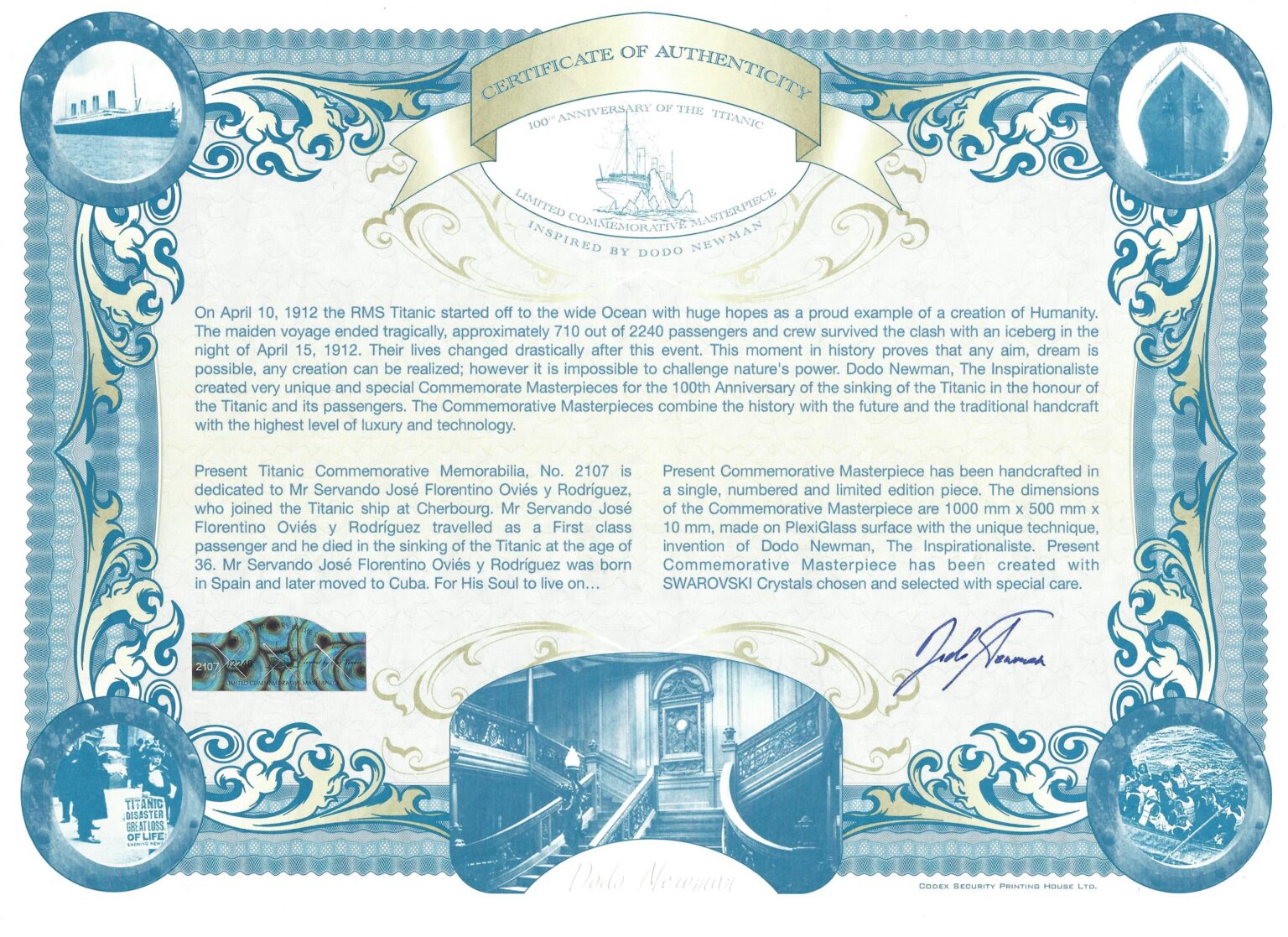 Certificate of Titanic artwork 2107 dedicated to Servando Ovies y Rodriguez