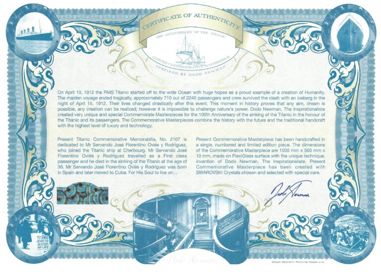 Certificate of Titanic artwork 2107 dedicated to Servando Ovies y Rodriguez
