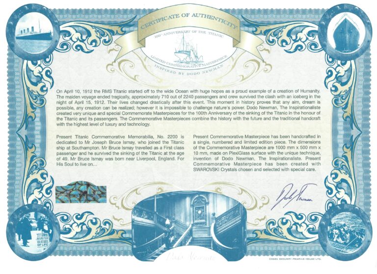 Certificate of Titanic artwork 2200 dedicated to Joseph Bruce Ismay
